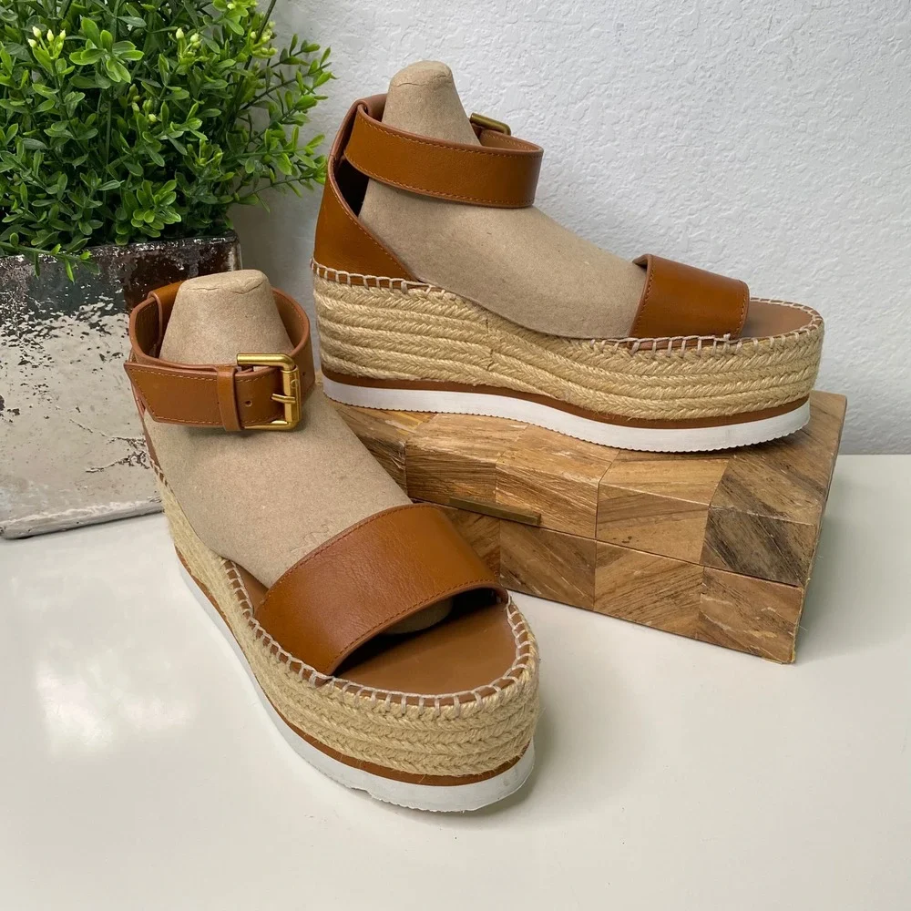 See by Chloe Glyn Calf Leather Espadrille Platform Sandals Tan Size 8